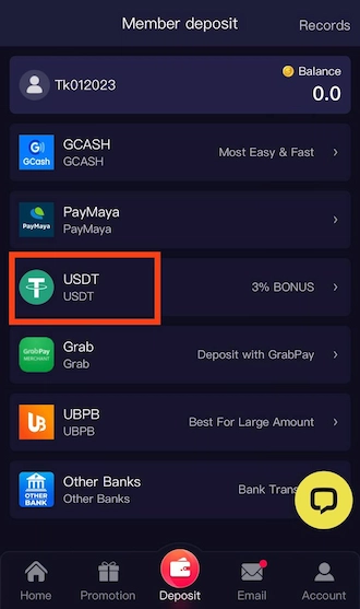 Step 1: Choose the payment method via the cryptocurrency wallet USDT.