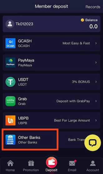Step 1: choose the deposit method "Other Banks".