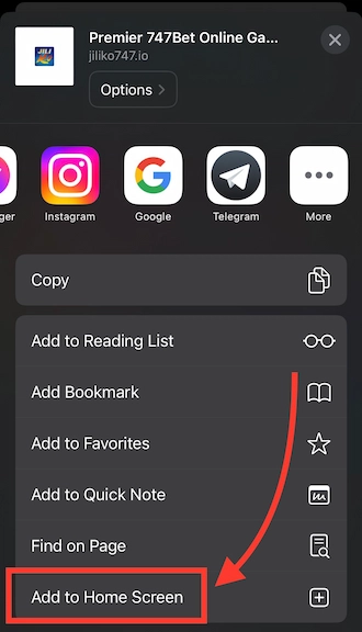 Step 2: Click "Add to Home Screen".