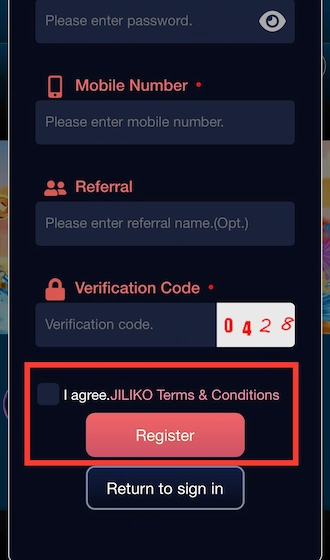 Step 3: Agree to JILIKO’s terms & conditions and click Register.